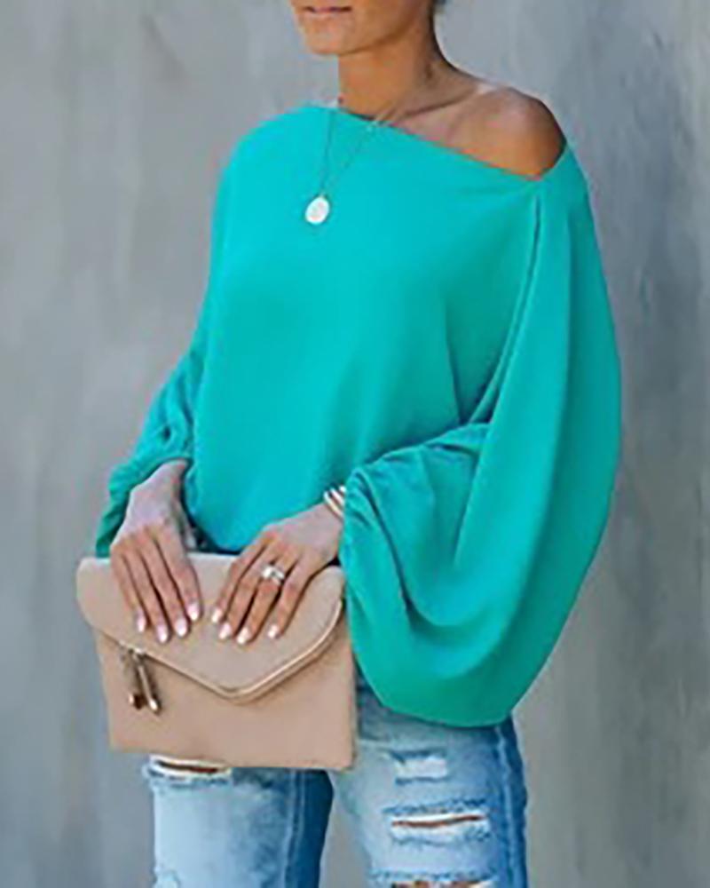 

Lantern Sleeve Plain Casual Blouse, Green