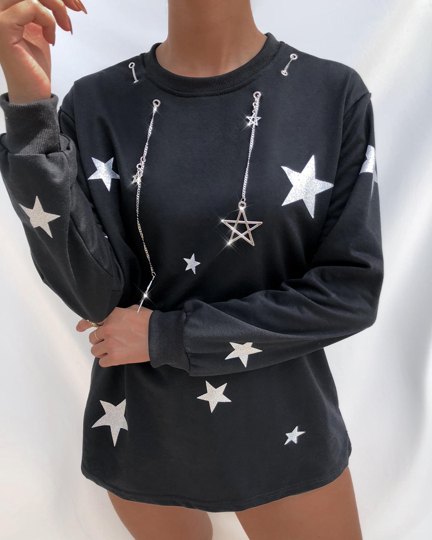 

Star Print Eyelet Chain Decor Long Sleeve Sweatshirt, Black