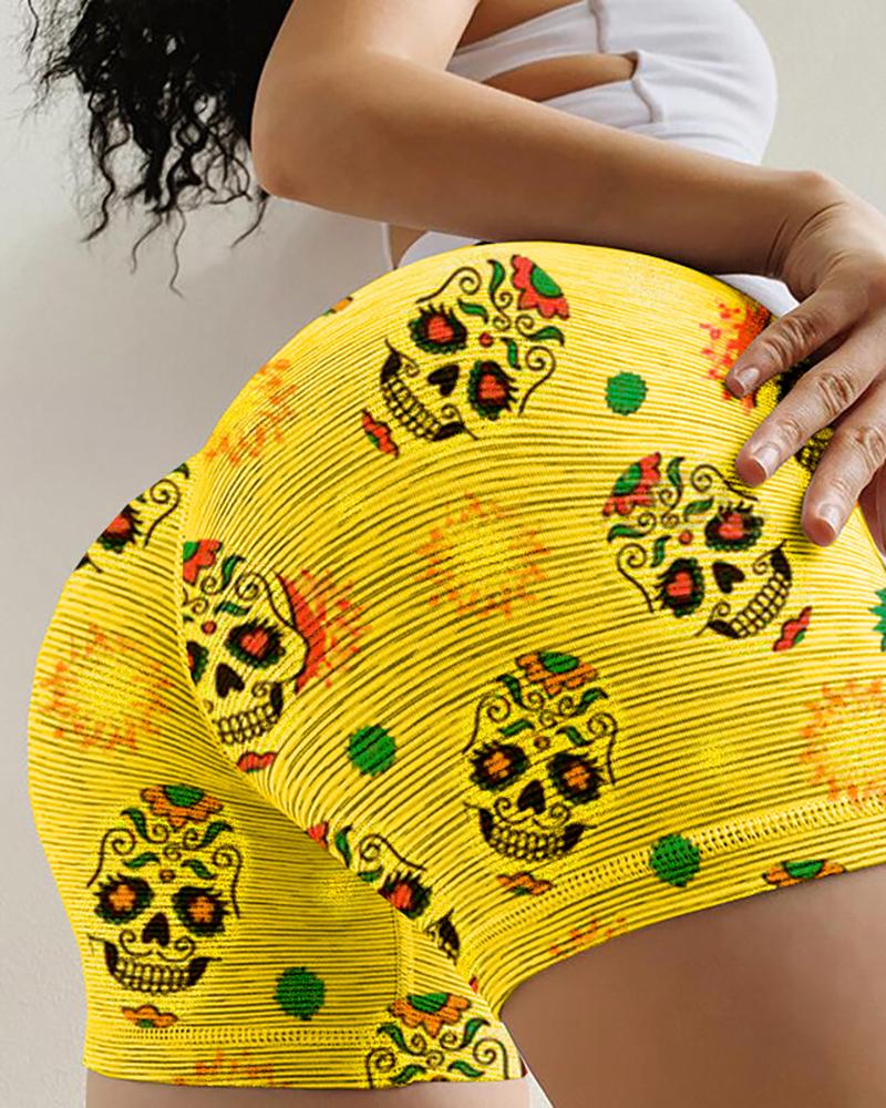 

Multicolor Skeleton Print Skinny High Waist Shorts, Yellow