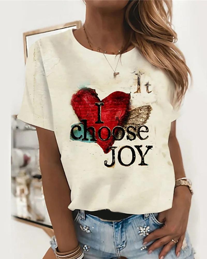 

Letter / Heart / Floral Print Short Sleeve Casual T-Shirt, Style3