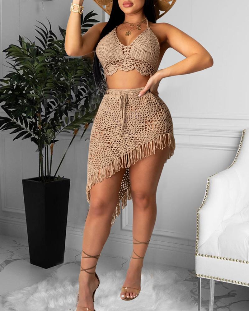 

Knitted Halter Backless Top & Irregular Midi Skirt Set, Khaki