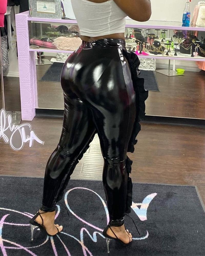 

Leather Solid Color Pencil Pants, Black