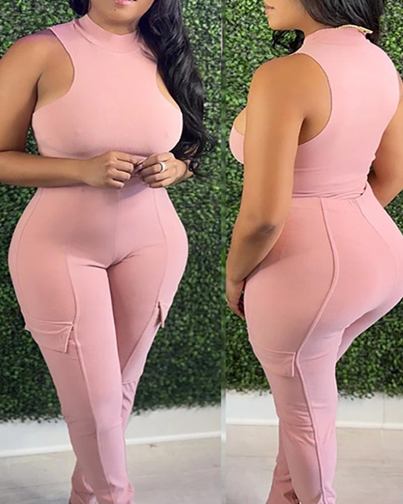 

Sleeveless Top & Pocket Design Skinny Pants Set, Pink