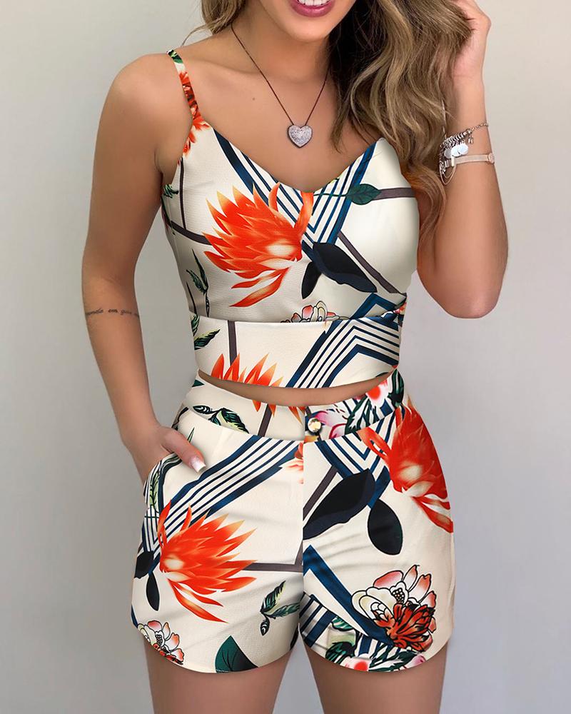 

Print Spaghetti Strap Crop Top & Short Sets, Multicolor