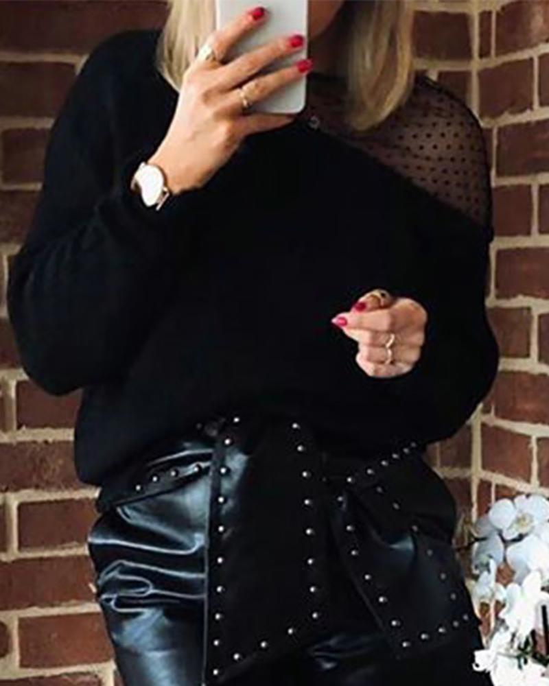

Dot Mesh Tied Detail Casual Top, Black