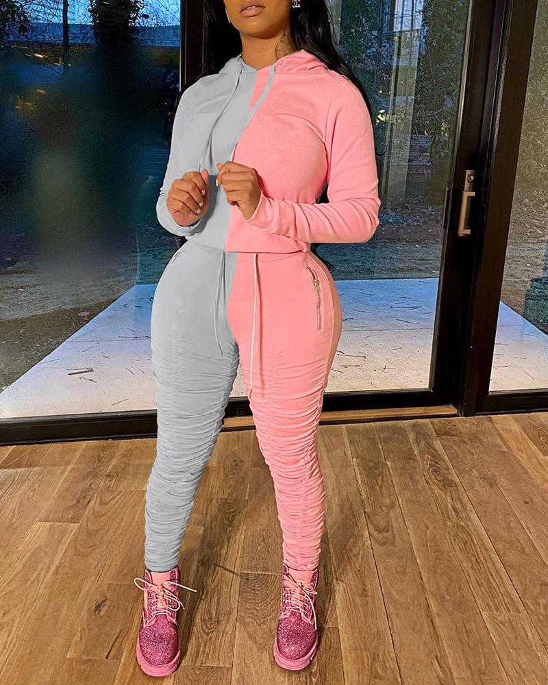 

Colorblock Hooded Top & Ruched Pants Set, Pink