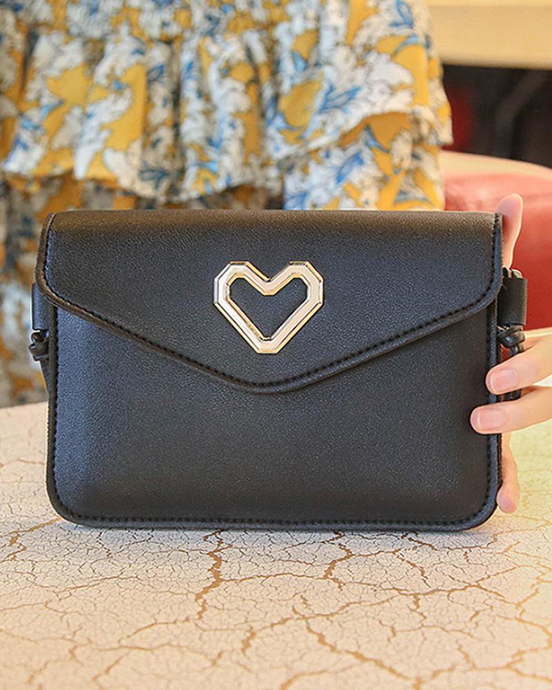 

Metal Heart Detail Flap Shoulder Bag, Black