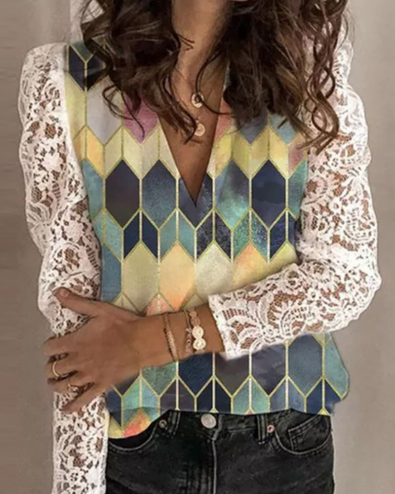 

Geo Abstract Print Lace Sleeve Blouse, Yellow