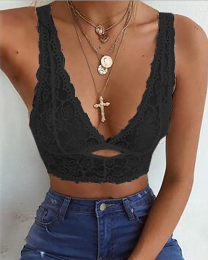 

Crochet Lace Cut Out Deep-V Bralette, Black