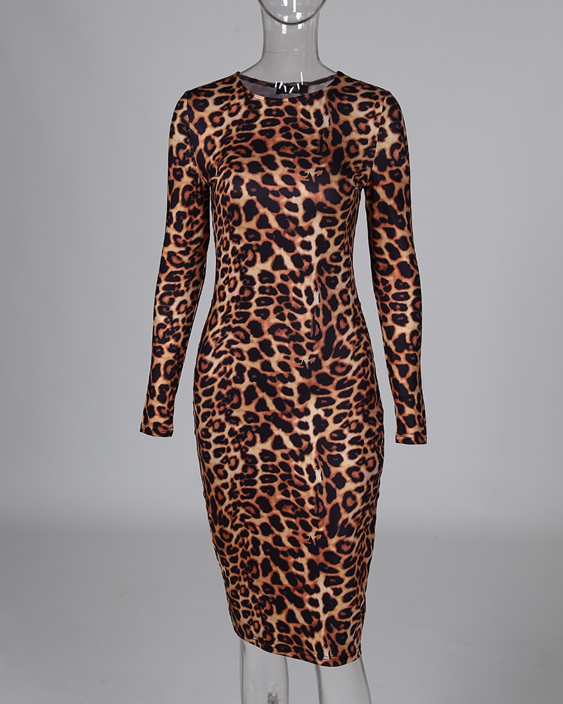 long sleeve leopard print midi dress