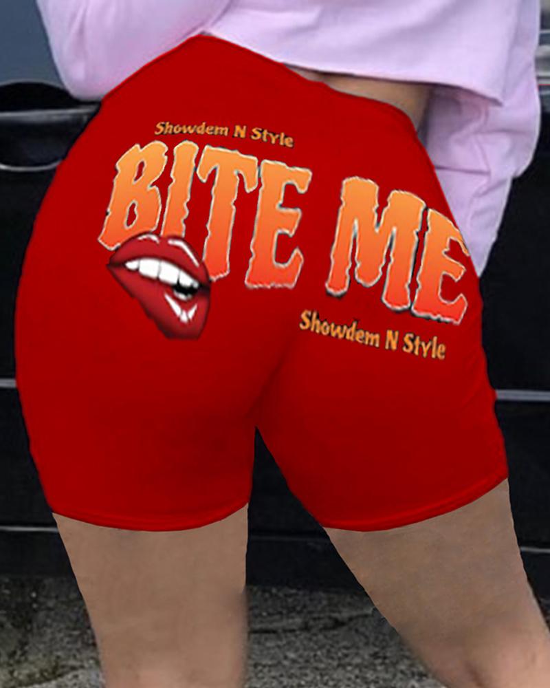 

Letter Lip Print High Waist Casual Shorts, Red