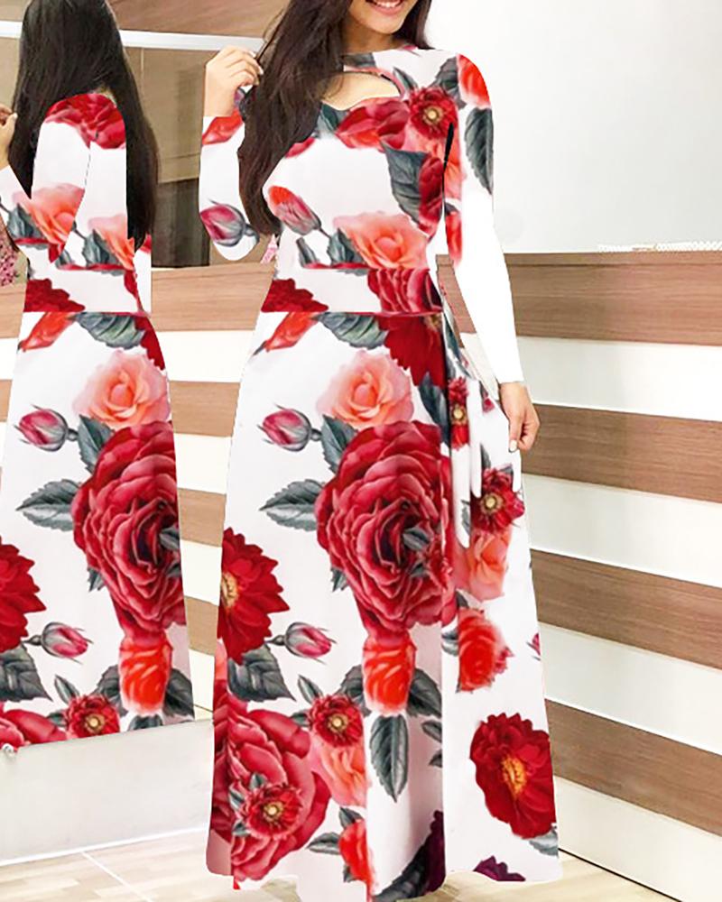 

Long Sleeve Floral Printed Women Dress, Red