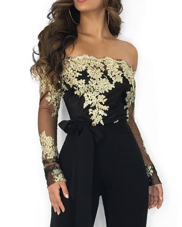 flower embroidery off shoulder wide leg jumpsuit