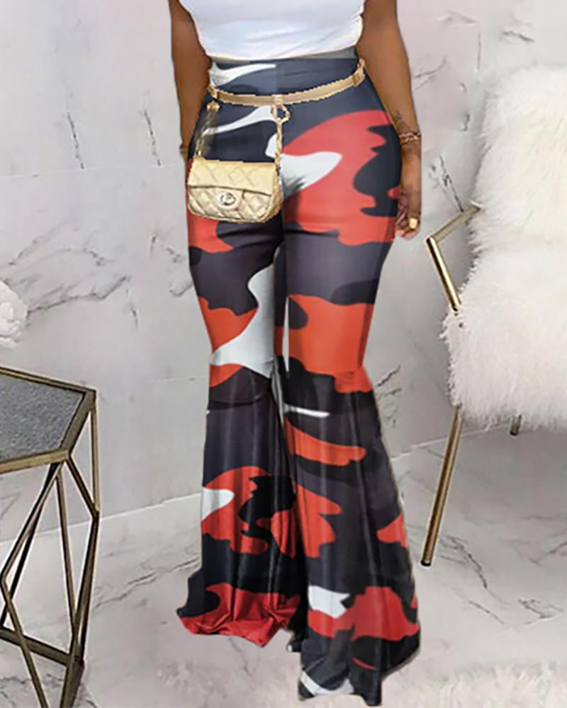 

High Waist Camouflage Bell-bottomed Pants, Red