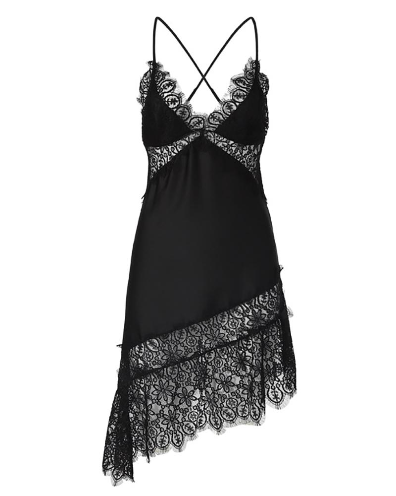 

Spaghetti Strap Eyelash Lace Trim Backless Asymmetrical Nightdress, Black