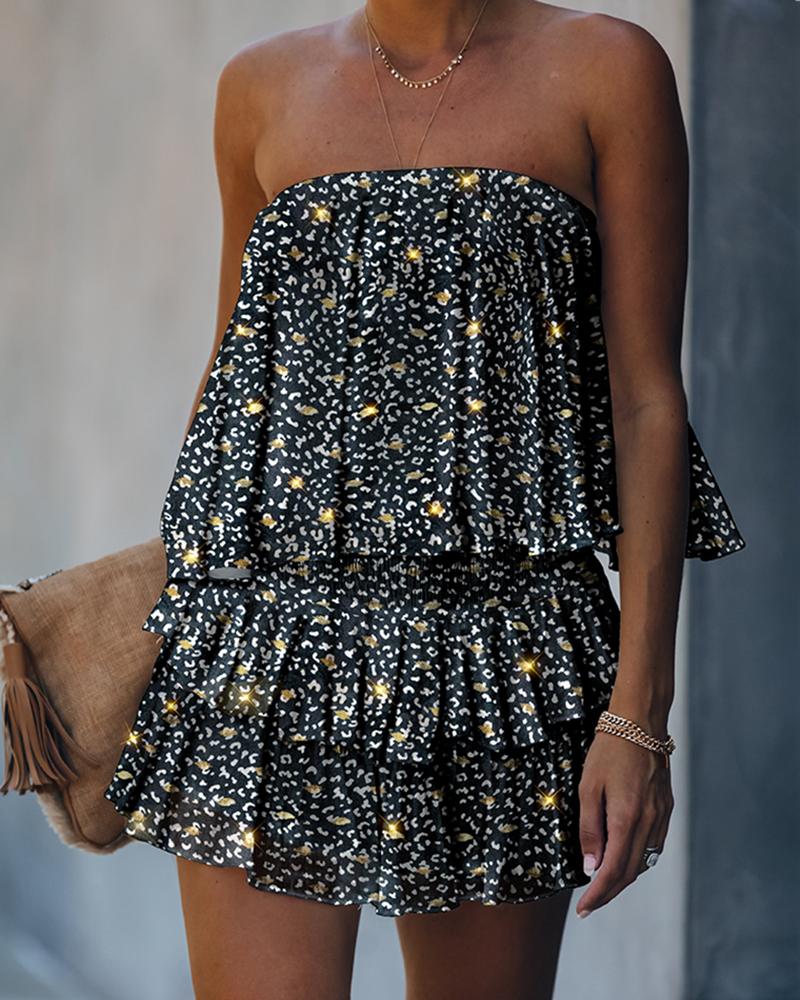 

Bronzing Print Bandeau Layered Ruffles Romper, Black