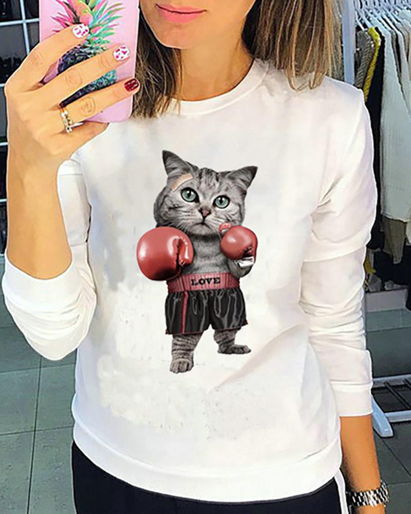 

Cat Print Long Sleeve Sweatshirt, White