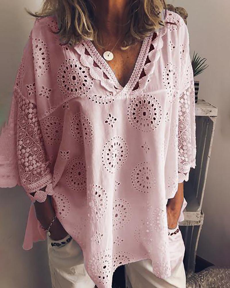 

V Neck Broderie Anglaise Lace Women Blouse, Pink