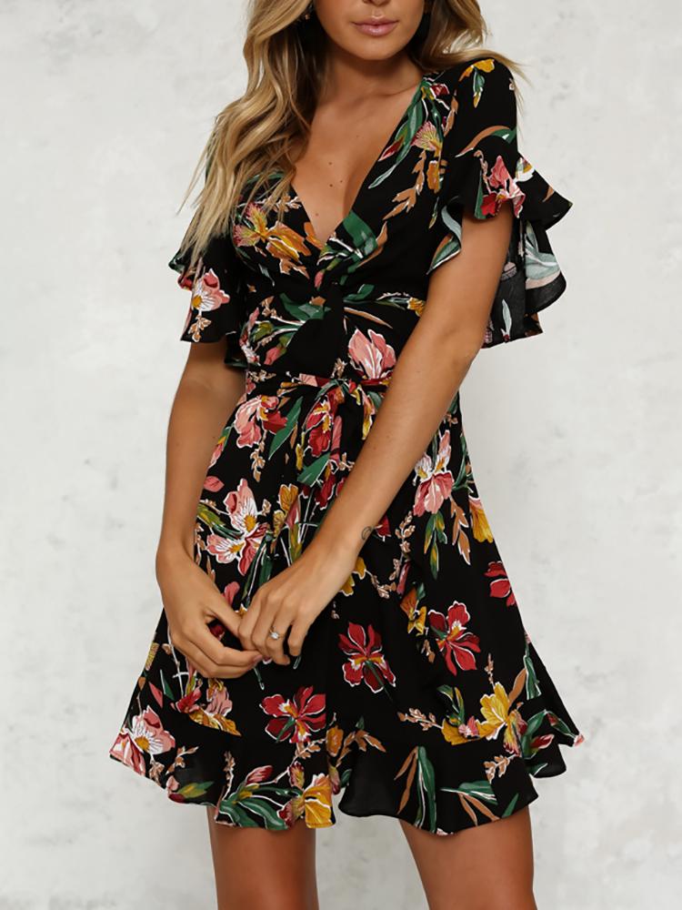 

Deep V Ruffles Floral Print Mini Dress, Black