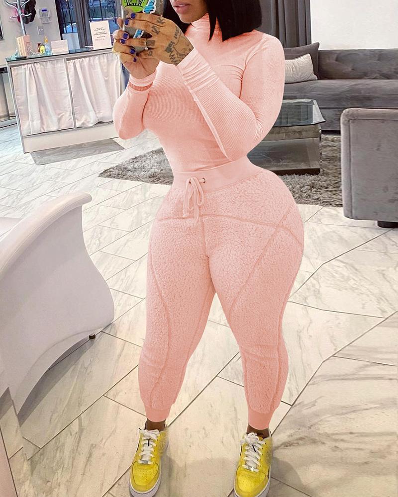 

High Neck Top & Drawstring Fluffy Pants Set, Pink