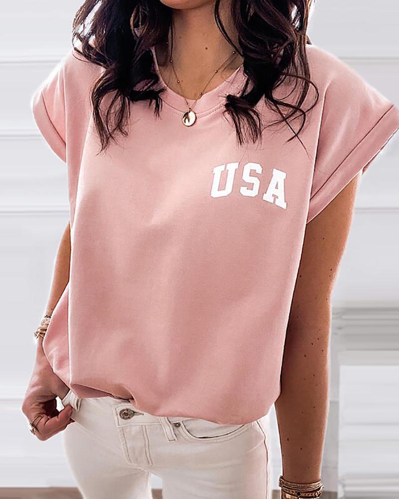 

Letter Print Round Neck Short Sleeve Casual T-Shirt, Pink