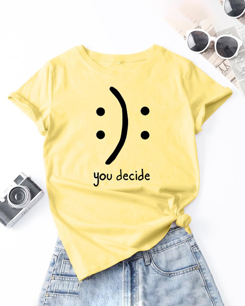 

Letter Smile Face Print Round Neck Short Sleeve T-Shirt, Yellow