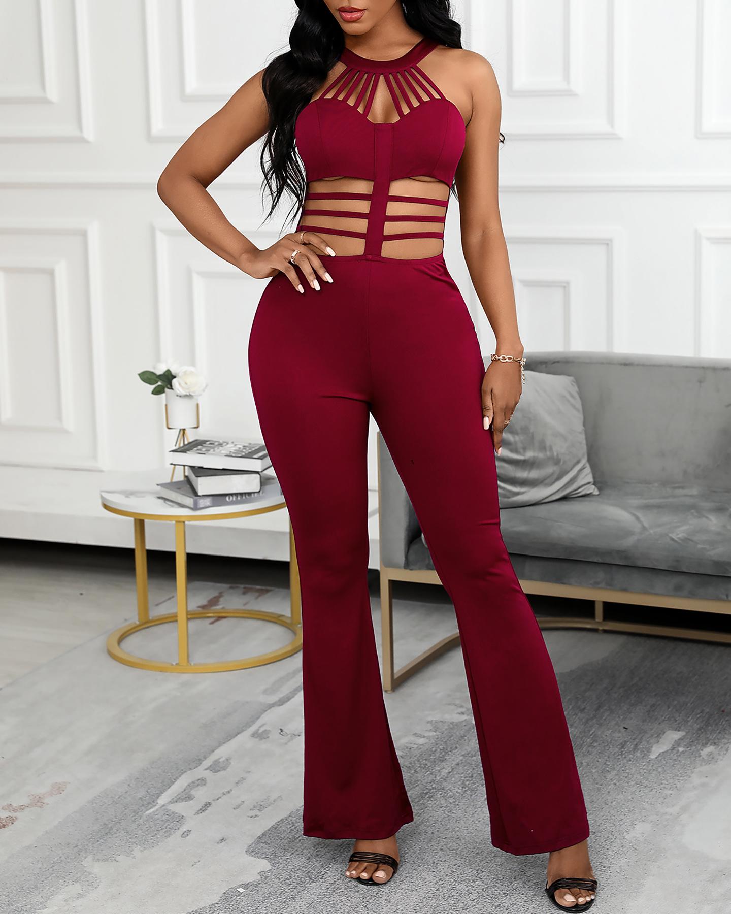 

Multi-Bandage Design Cutout Jumpsuits, Dark red