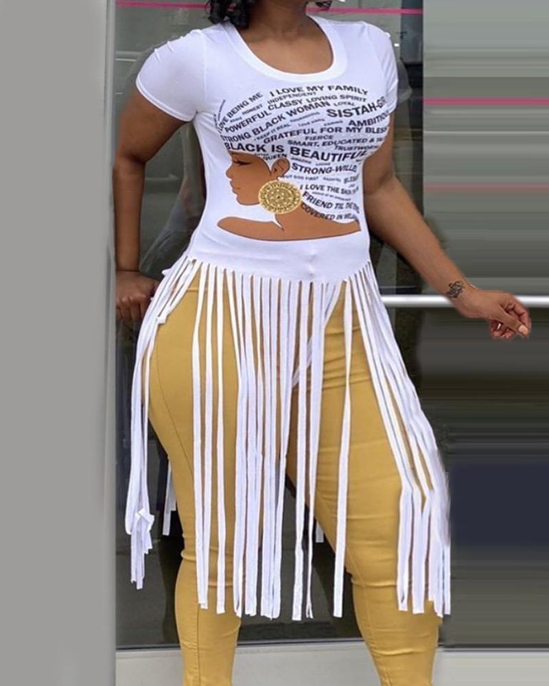 

Letter Print Tassel Casual T-shirt, White