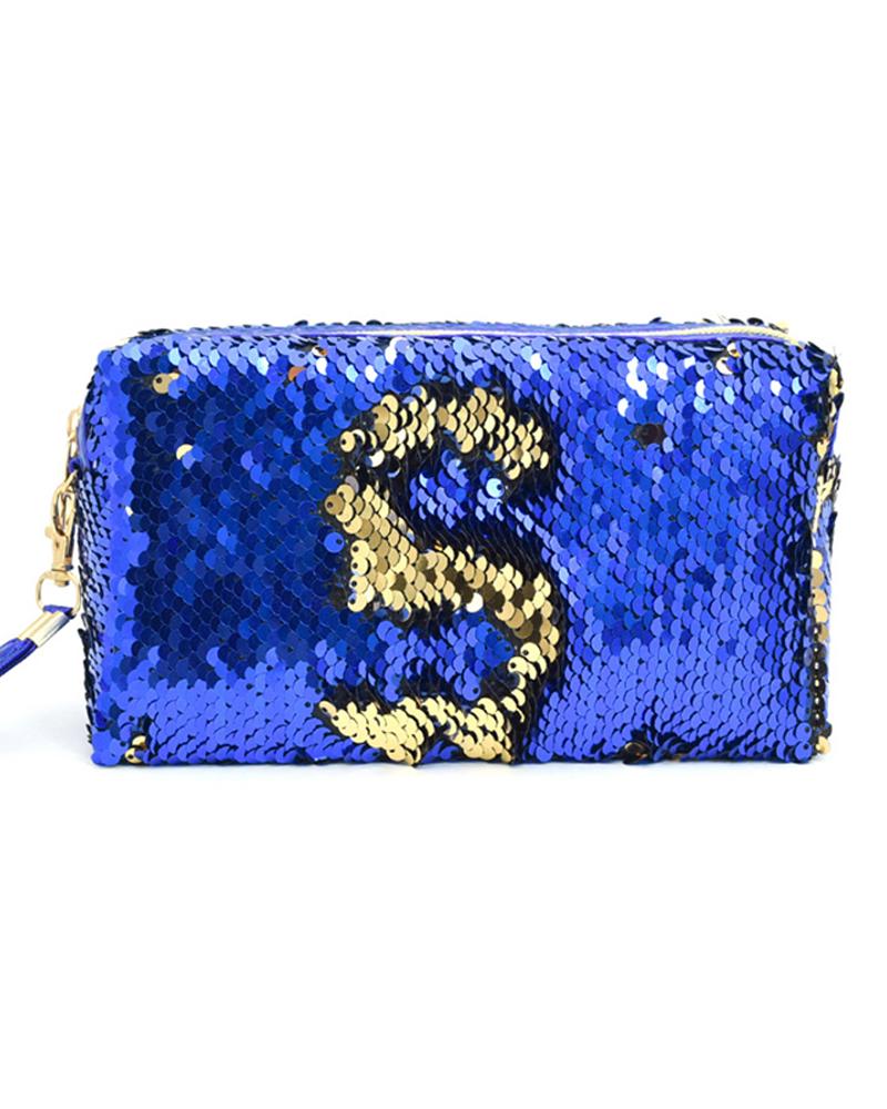 

Letter Pattern Sequins Evening Handbag Clutch Bag, Blue