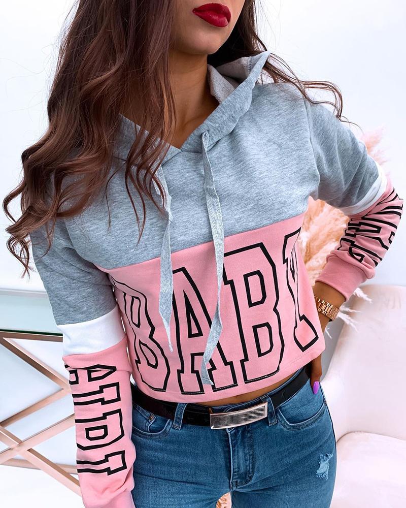 

Letter Print Colorblock Hooded Top, Gray