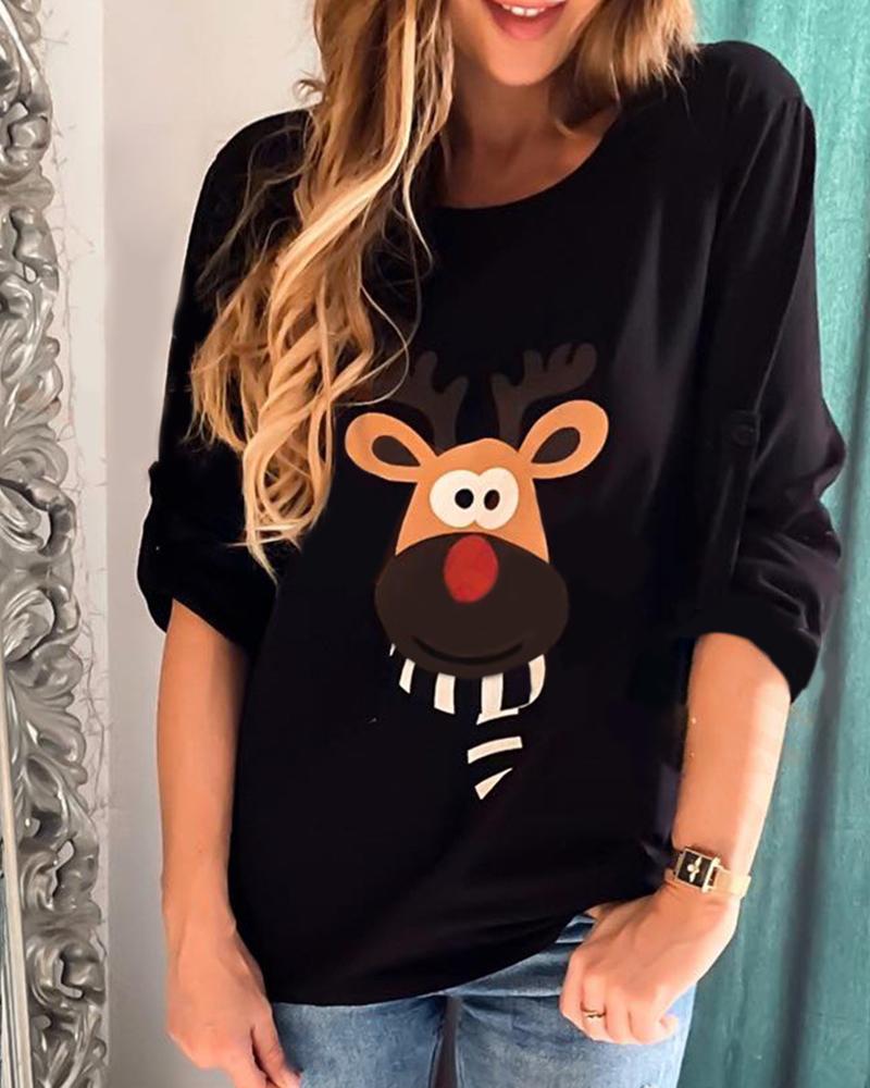 

Christmas Moose Print Casual T-shirt, Black