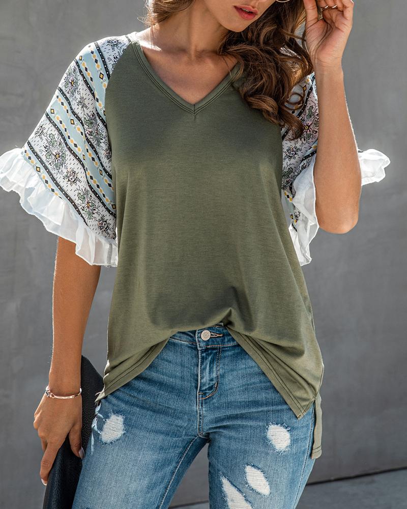

Print Ruffles V-neck Casual T-shirt, Green