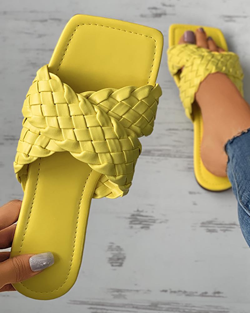 

Crisscross Braided Square Toe Flat Sliders, Yellow