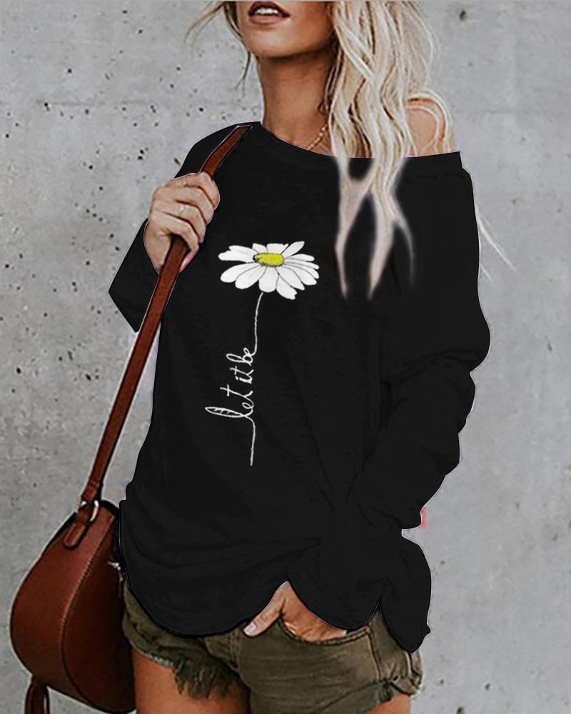 

Daisy Letter Pattern Print Long Sleeve Casual Top, Black