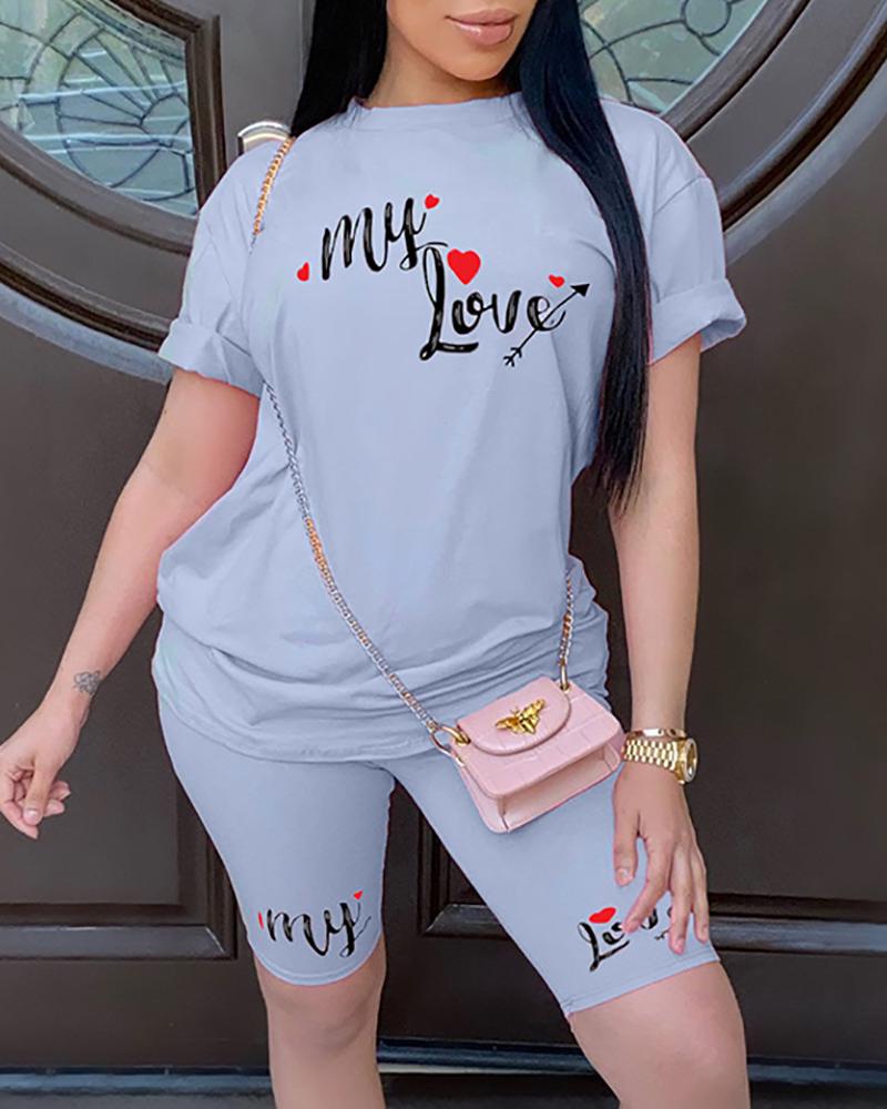 

Letter Print Short Sleeve Top & Shorts Set, Gray