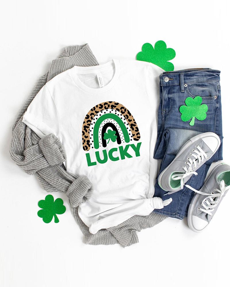 

St.Patrick' Day Clover Letter Print Short Sleeve T-Shirt, White