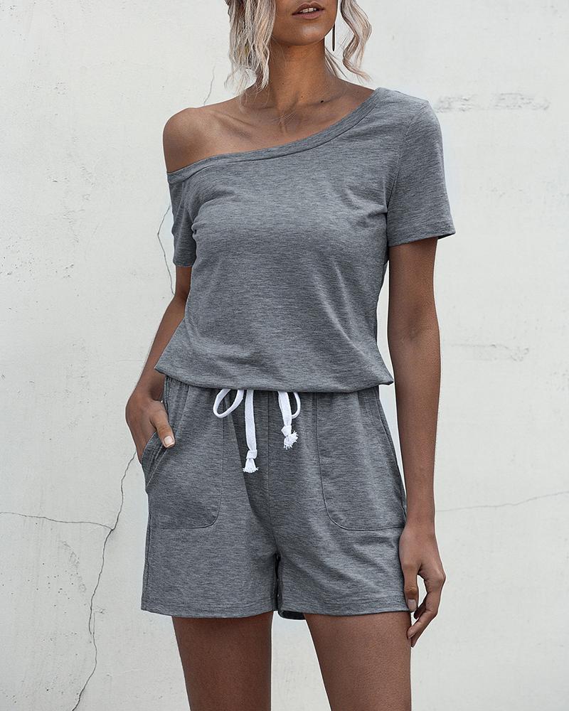 

One Shoulder Tie Waist Romper, Dark grey