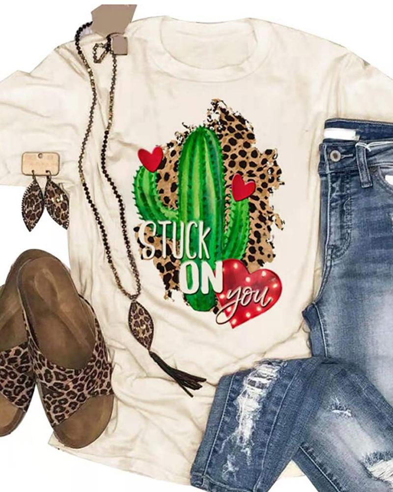 

Cactus Heart Print Short Sleeve T-Shirt, Beige