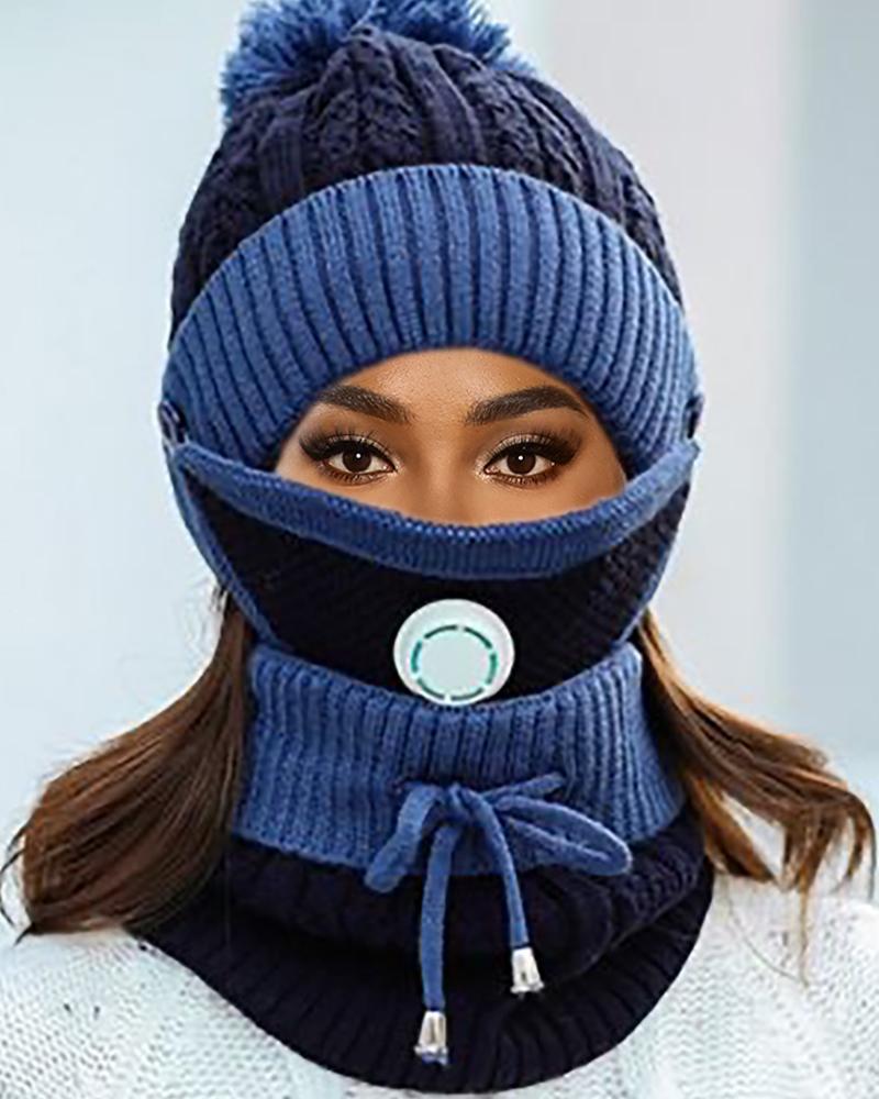 

Knit Pom Pom Beanie With Scarf & Vavle Face Mask, Blue