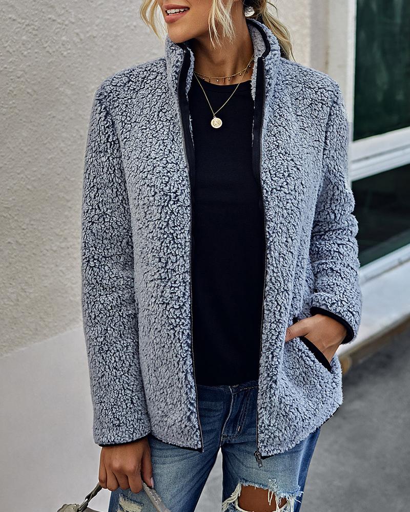 

Zipper Design Long Sleeve Teddy Coat, Black