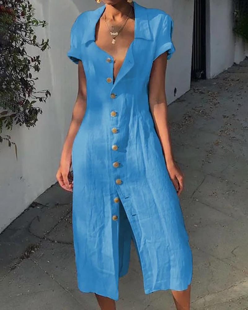 

Short Sleeve Button Up Casual Shirt Dress, Blue