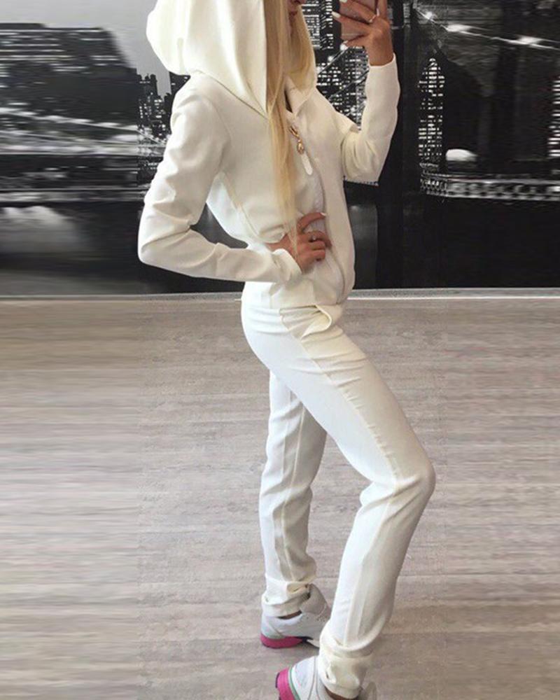 

Stitching Zipper Long Sleeve Suit Sets, White