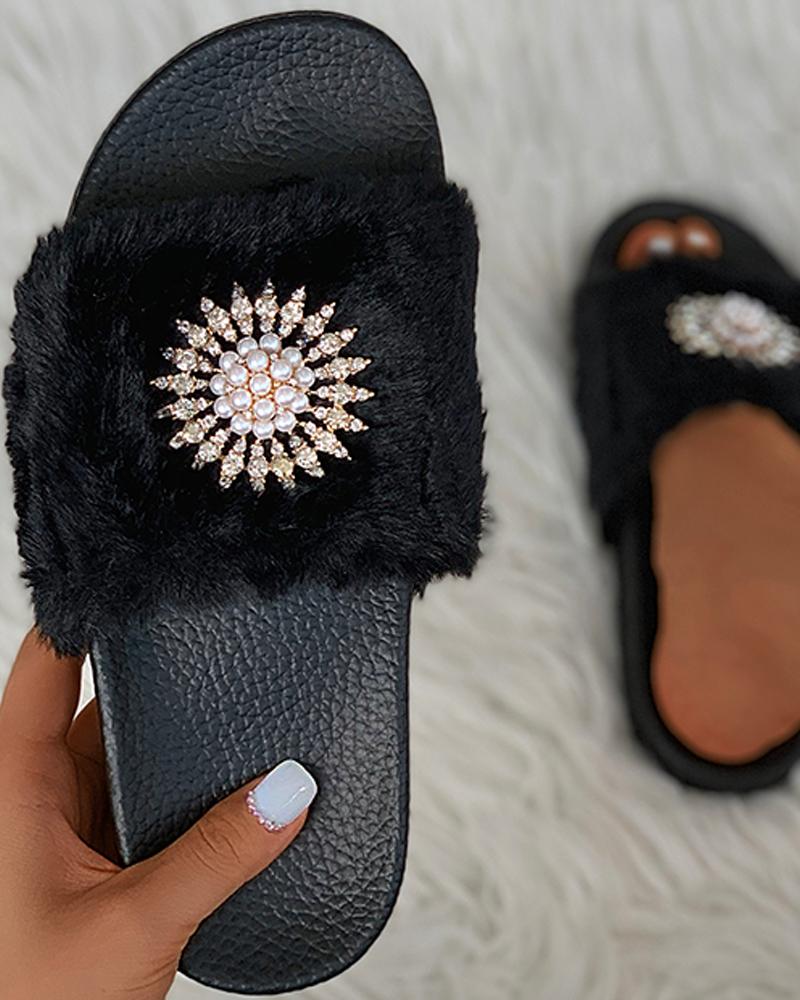 

Studded Beaded Fluffy Slippers, Black