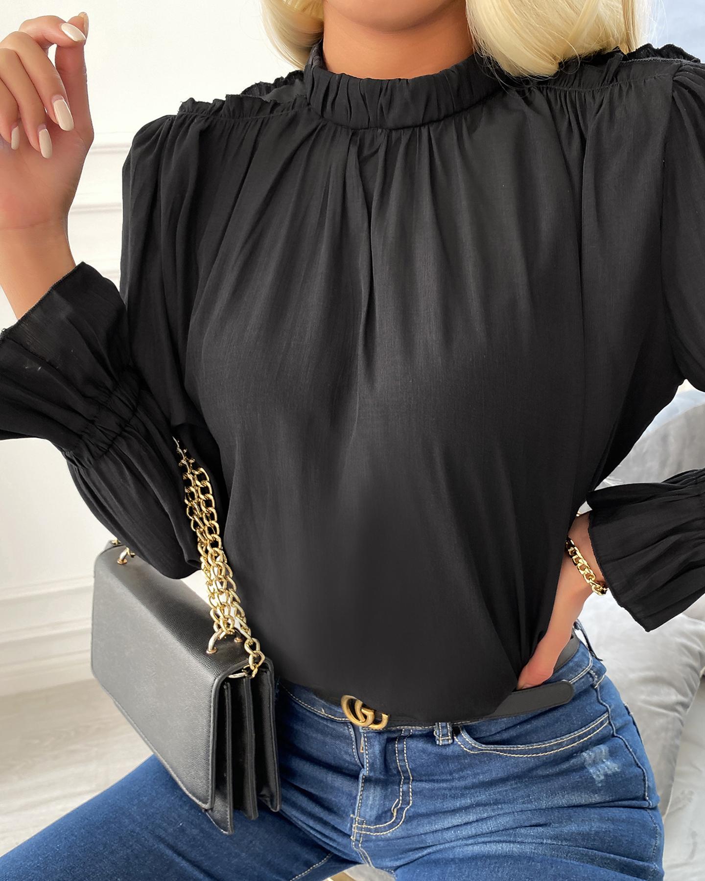 

Cutout Back Plain Long Sleeve Women Blouse, Black