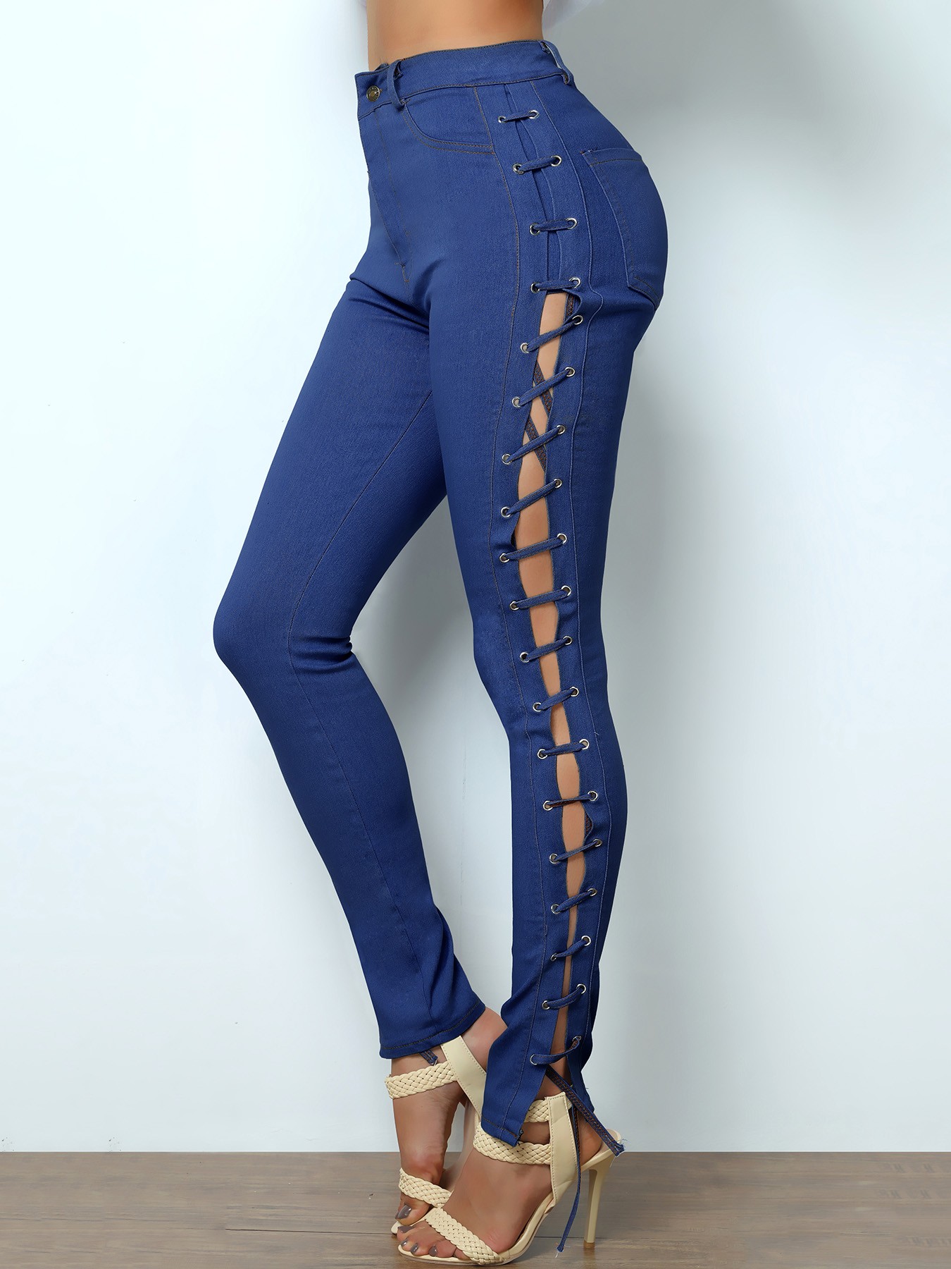 side lace up blue jeans