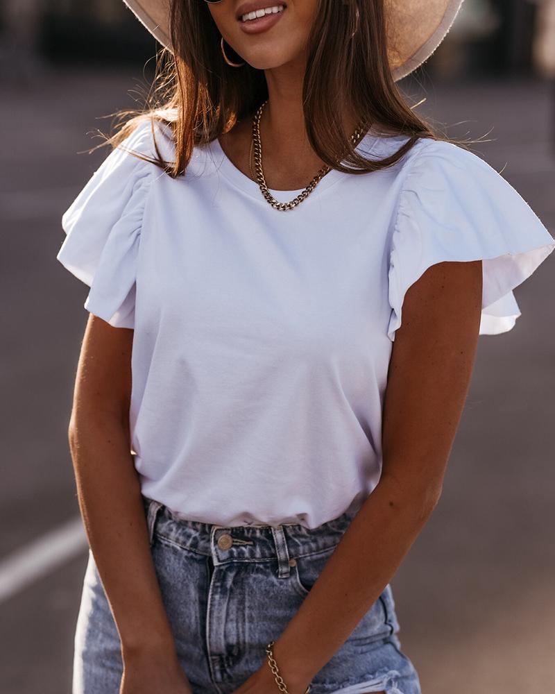 

Ruffles Hem Short Sleeve Plain Top, White