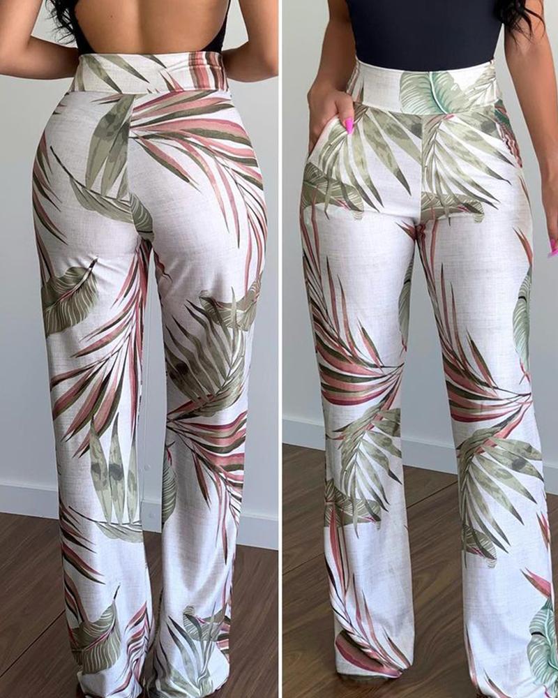 

High Waist Tropical Print Pants, White