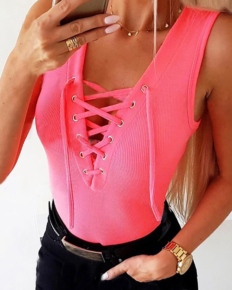 

Eyelet Lace-up Sleeveless Ribbed Top, Pink