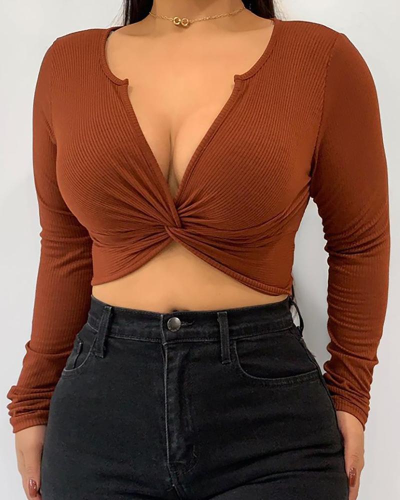 

Plain Twisted Design Long Sleeve T-shirt, Brown
