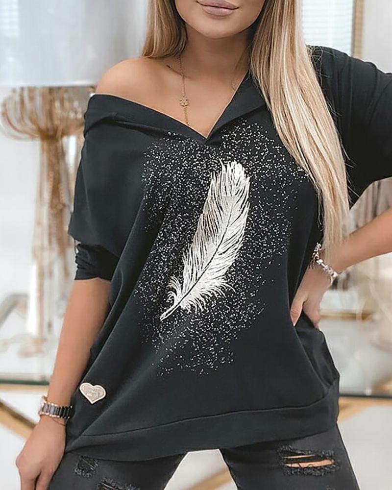 

Feather Print Long Sleeve Casual Sweatshirt, Black